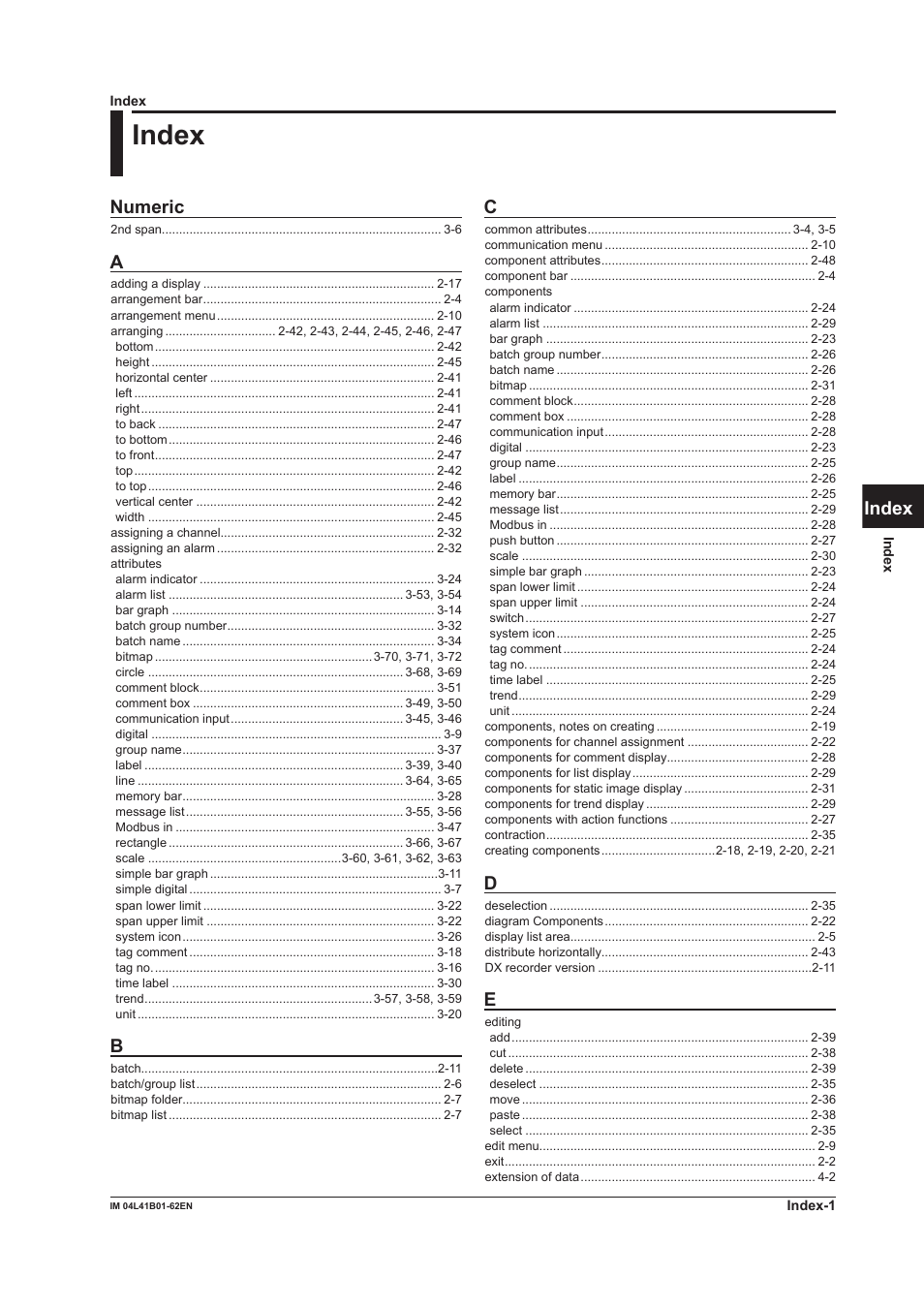 Index, Numeric | Yokogawa Button Operated DX2000 User Manual | Page 144 / 145