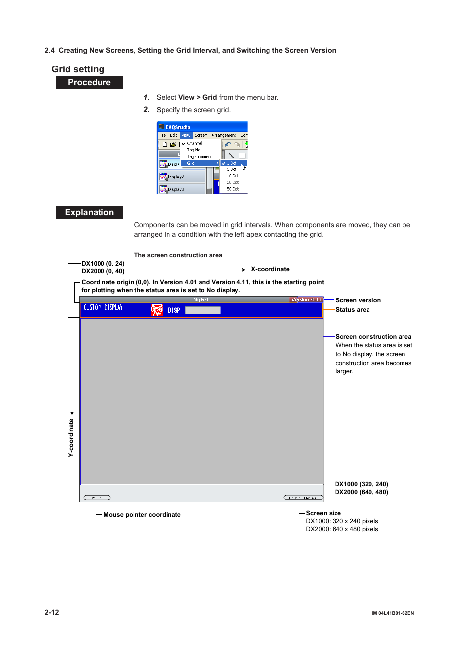 Grid setting, Grid setting -12, Procedure | Explanation | Yokogawa Button Operated DX2000 User Manual | Page 25 / 145