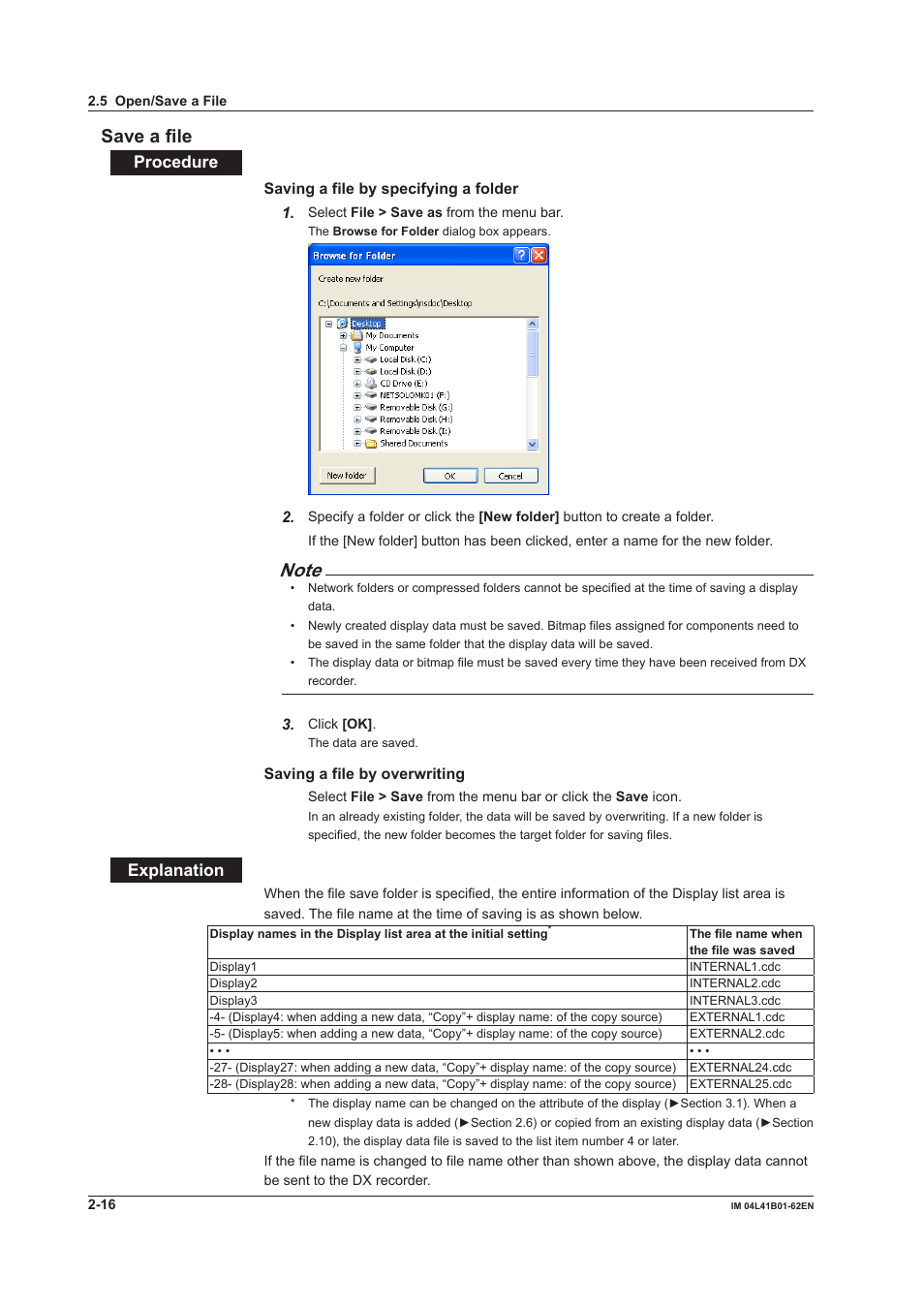 Save a file, Save a file -16, Procedure | Explanation | Yokogawa Button Operated DX2000 User Manual | Page 29 / 145