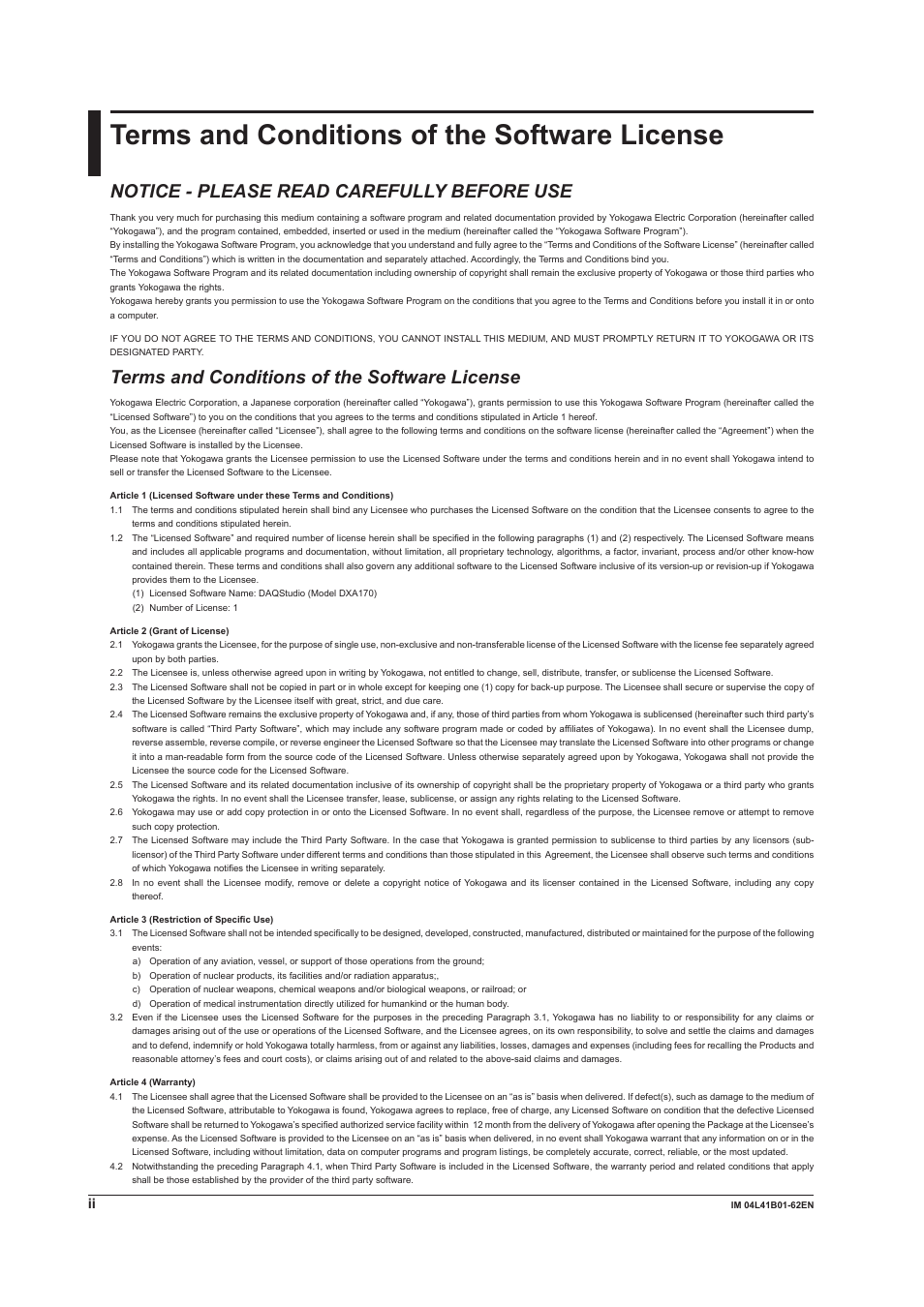 Terms and conditions of the software license, Notice - please read carefully before use | Yokogawa Button Operated DX2000 User Manual | Page 4 / 145