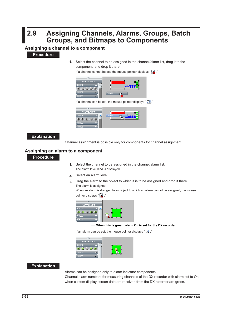 Assigning a channel to a component, Assigning an alarm to a component | Yokogawa Button Operated DX2000 User Manual | Page 45 / 145