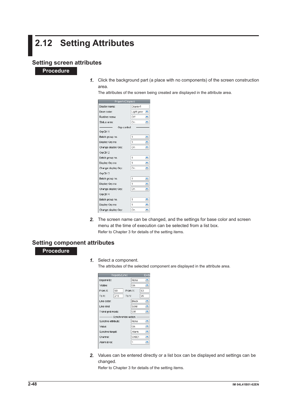 12 setting attributes, Setting screen attributes, Setting component attributes | 12 setting attributes -48 | Yokogawa Button Operated DX2000 User Manual | Page 61 / 145