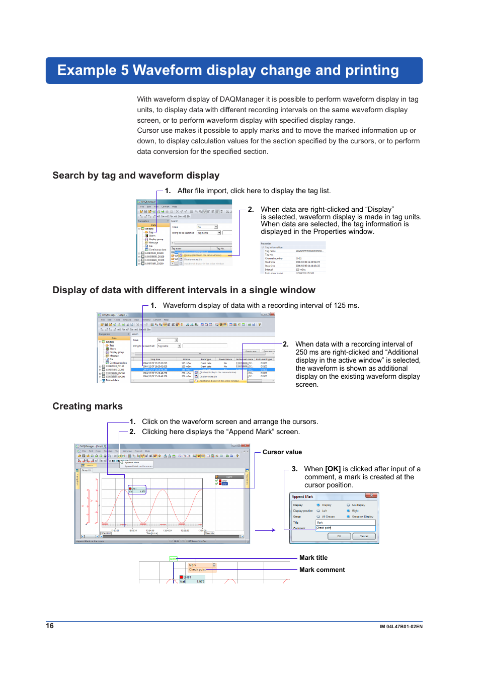 Example 5 waveform display change and printing, Search by tag and waveform display, Creating marks | Example 5 | Yokogawa Button Operated MV2000 User Manual | Page 16 / 18