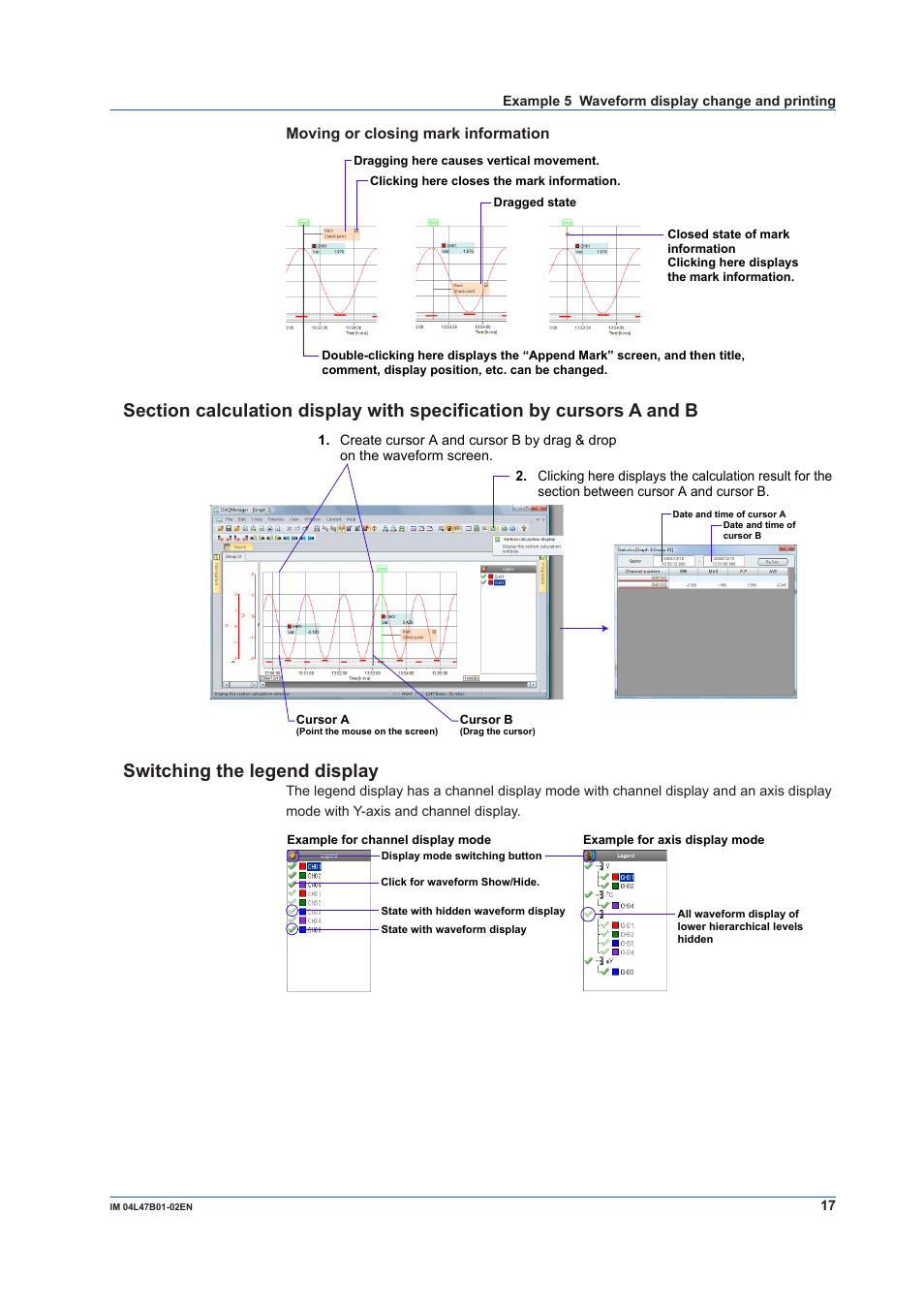 Switching the legend display, Moving or closing mark information | Yokogawa Button Operated MV2000 User Manual | Page 17 / 18