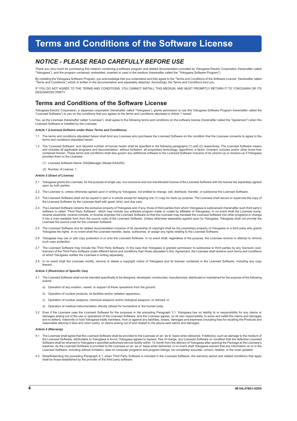 Terms and conditions of the software license, Notice - please read carefully before use | Yokogawa Button Operated MV2000 User Manual | Page 4 / 18