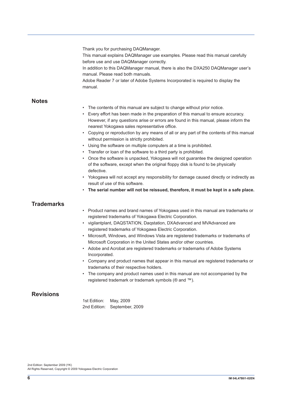 Trademarks, Revisions | Yokogawa Button Operated MV2000 User Manual | Page 6 / 18