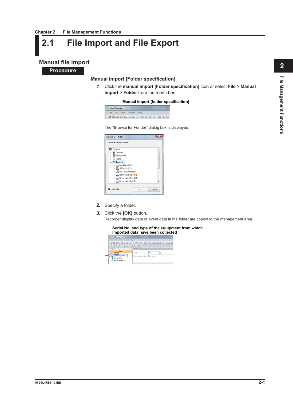 Chapter 2 file management functions, 1 file import and file export, Manual file import | Chapter 2 fle management functons, 1 file import and file export -1, Manual file import -1, 1 fle import and fle export | Yokogawa Button Operated MV2000 User Manual | Page 25 / 101