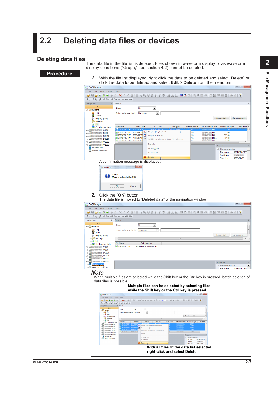 2 deleting data files or devices, Deleting data files, 2 deleting data files or devices -7 | Deleting data files -7, 2 deletng data fles or devces | Yokogawa Button Operated MV2000 User Manual | Page 31 / 101