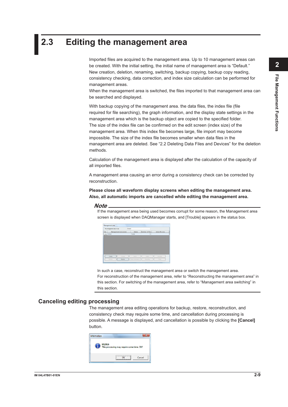 3 editing the management area, Canceling editing processing, 3 editing the management area -9 | Canceling editing processing -9, 3 edtng the management area | Yokogawa Button Operated MV2000 User Manual | Page 33 / 101