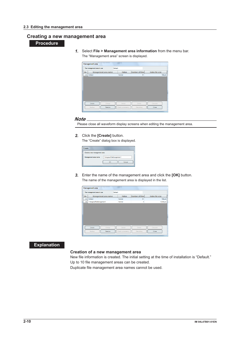 Creating a new management area, Creating a new management area -10, Creatng a new management area | Yokogawa Button Operated MV2000 User Manual | Page 34 / 101