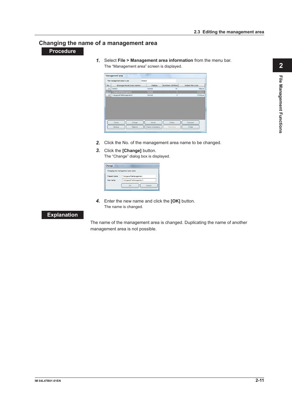 Changing the name of a management area, Changing the name of a management area -11 | Yokogawa Button Operated MV2000 User Manual | Page 35 / 101