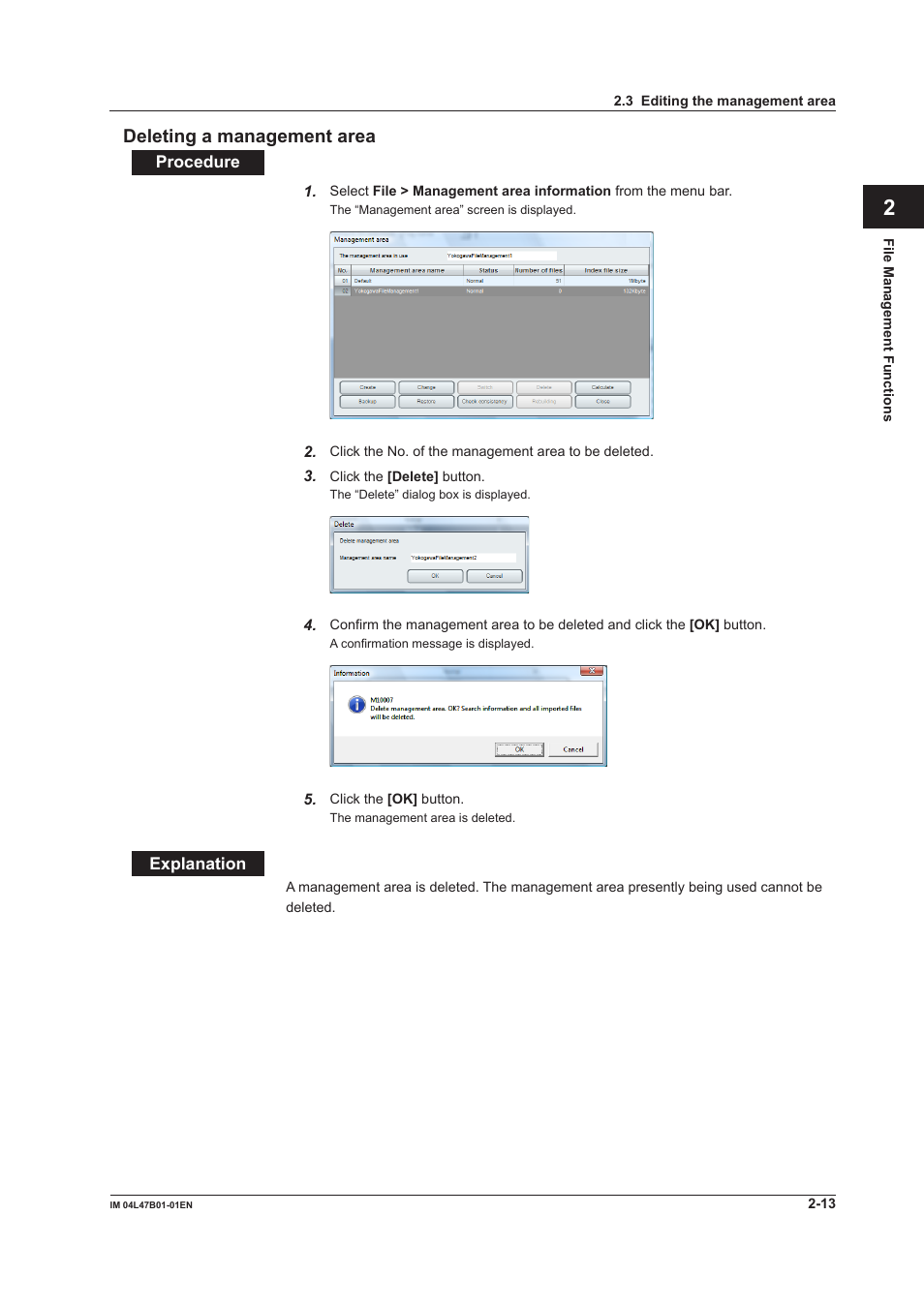 Deleting a management area, Deleting a management area -13, Index | Deletng a management area | Yokogawa Button Operated MV2000 User Manual | Page 37 / 101