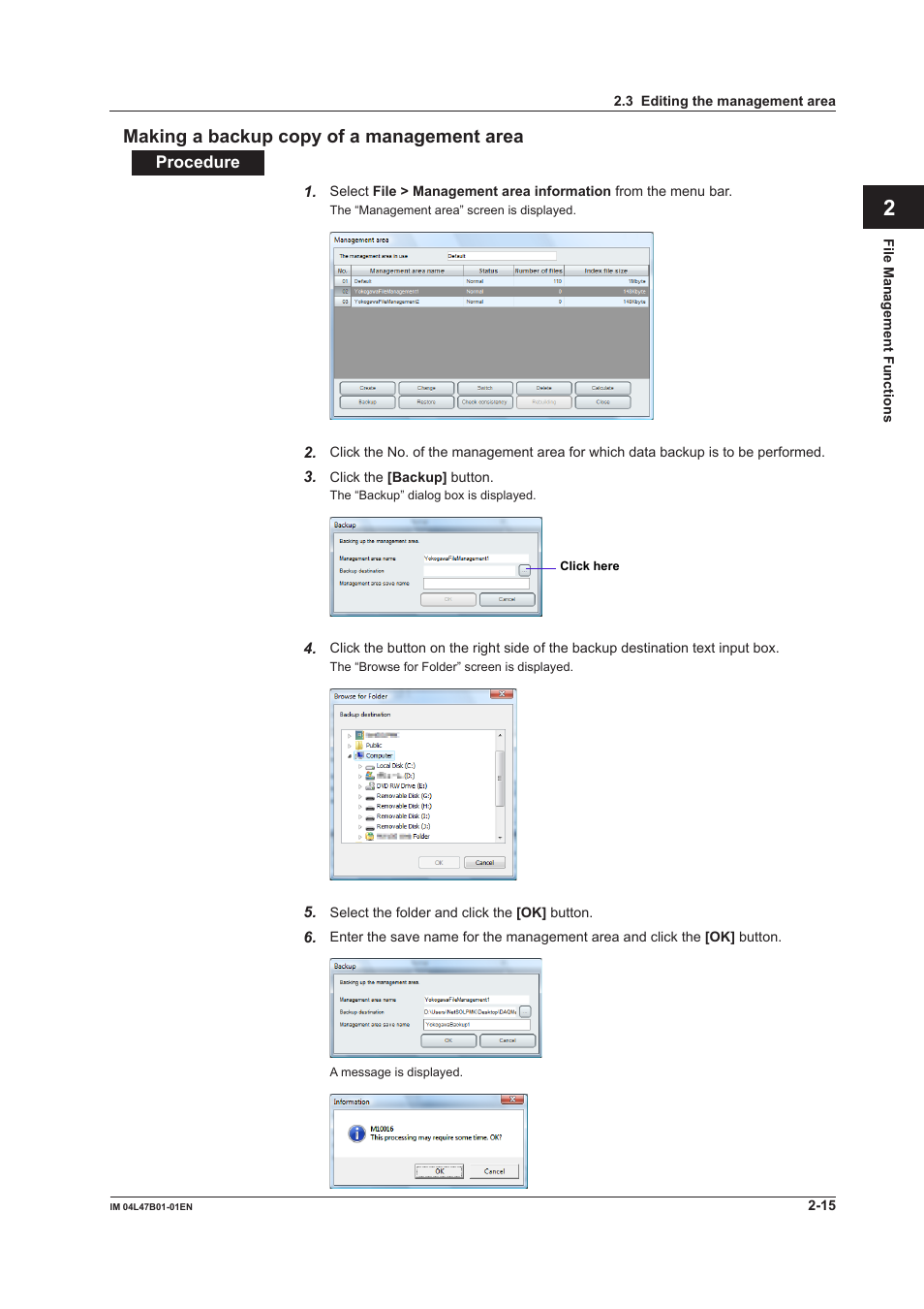 Making a backup copy of a management area, Making a backup copy of a management area -15, Index | Makng a backup copy of a management area | Yokogawa Button Operated MV2000 User Manual | Page 39 / 101