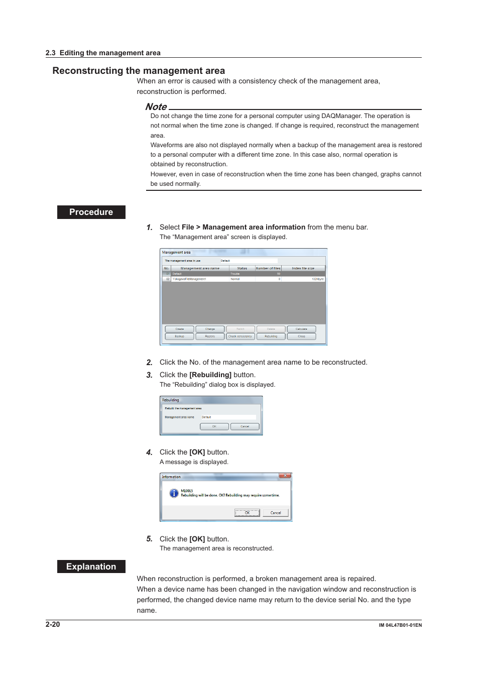 Reconstructing the management area, Reconstructing the management area -20, Reconstructng the management area | Yokogawa Button Operated MV2000 User Manual | Page 44 / 101