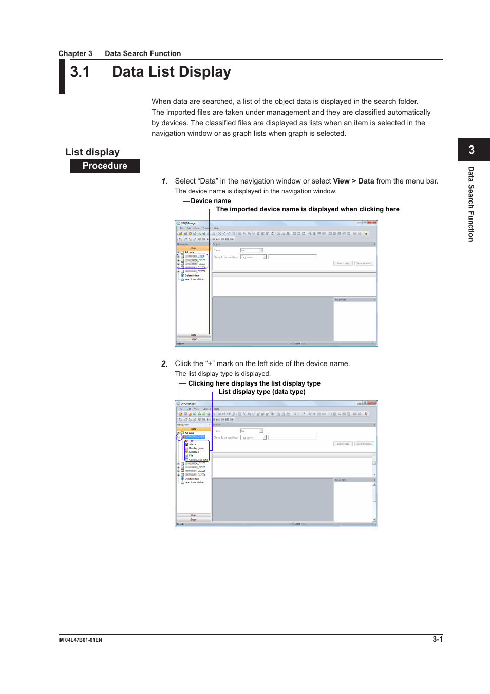 Chapter 3 data search function, 1 data list display, List display | Chapter 3 data search functon, 1 data list display -1, List display -1, 1 data lst dsplay | Yokogawa Button Operated MV2000 User Manual | Page 46 / 101