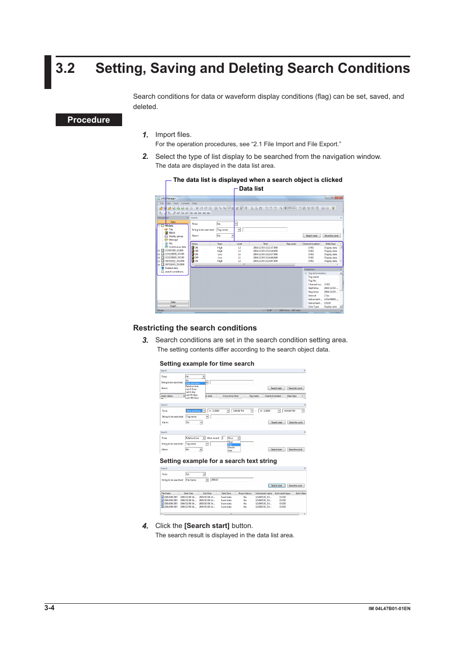 2 setting, saving and deleting search conditions, 2 settng, savng and deletng search condtons | Yokogawa Button Operated MV2000 User Manual | Page 49 / 101