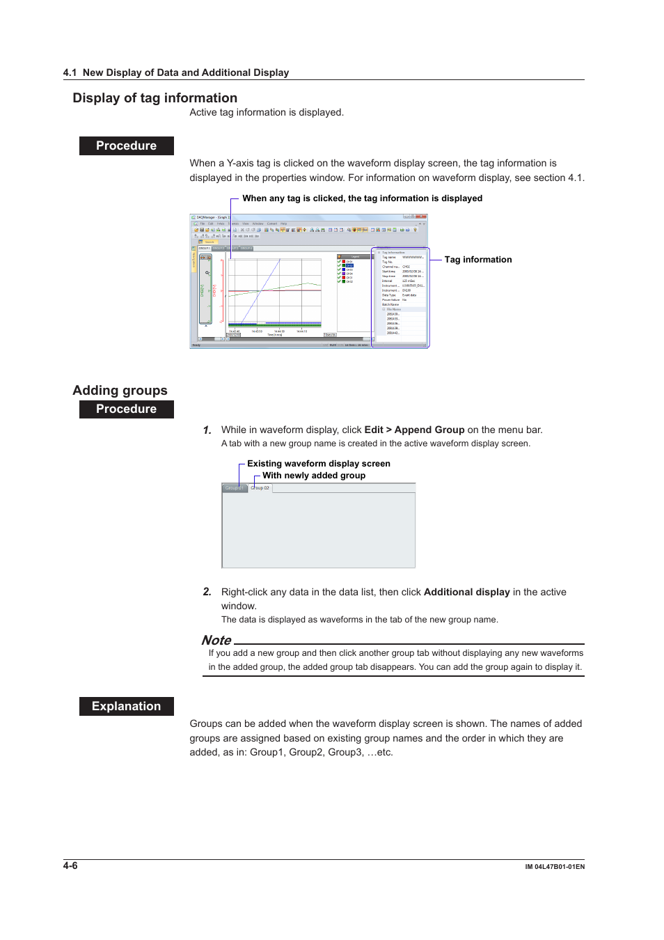 Display of tag information, Adding groups, Display of tag information -6 adding groups -6 | Dsplay of tag nformaton, Addng groups | Yokogawa Button Operated MV2000 User Manual | Page 58 / 101