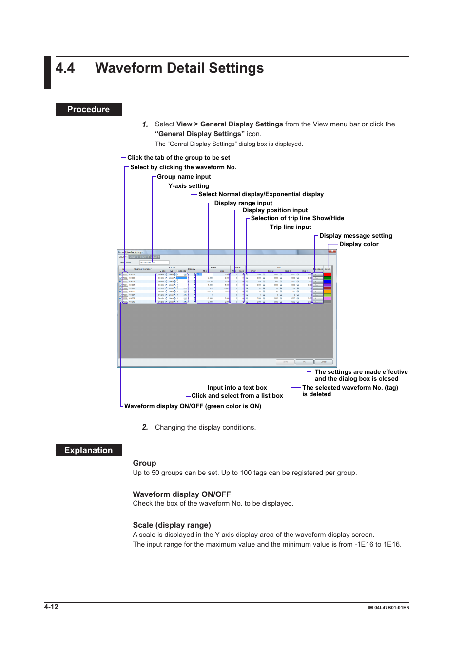 4 waveform detail settings, 4 waveform detail settings -12, 4 waveform detal settngs | Yokogawa Button Operated MV2000 User Manual | Page 64 / 101