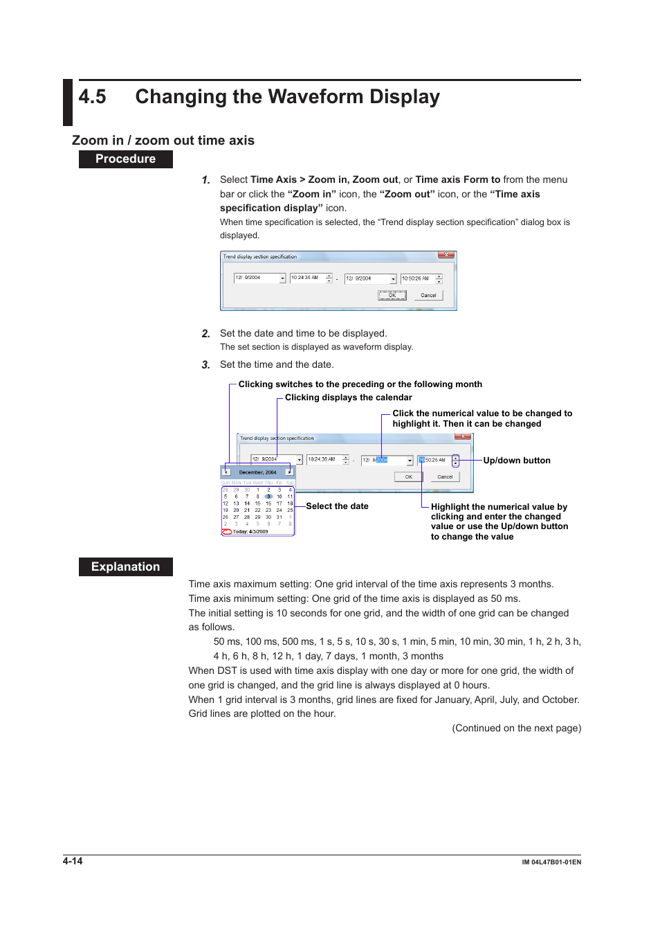 5 changing the waveform display, Zoom in / zoom out time axis, 5 changing the waveform display -14 | Zoom in / zoom out time axis -14, 5 changng the waveform dsplay, Zoom n / zoom out tme axs | Yokogawa Button Operated MV2000 User Manual | Page 66 / 101