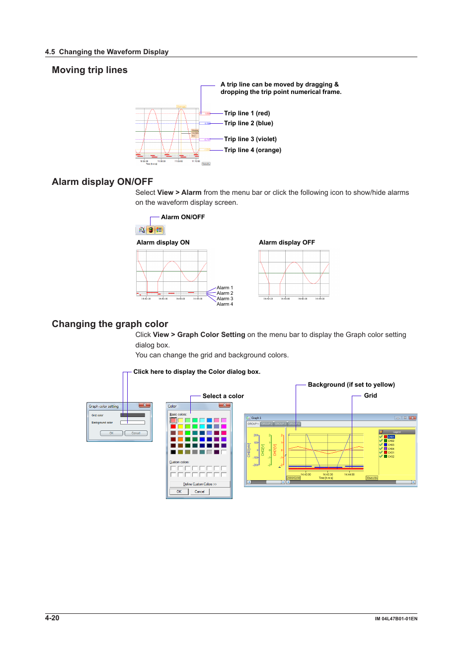 Moving trip lines, Alarm display on/off, Changing the graph color | Movng trp lnes, Alarm dsplay on/off, Changng the graph color | Yokogawa Button Operated MV2000 User Manual | Page 72 / 101