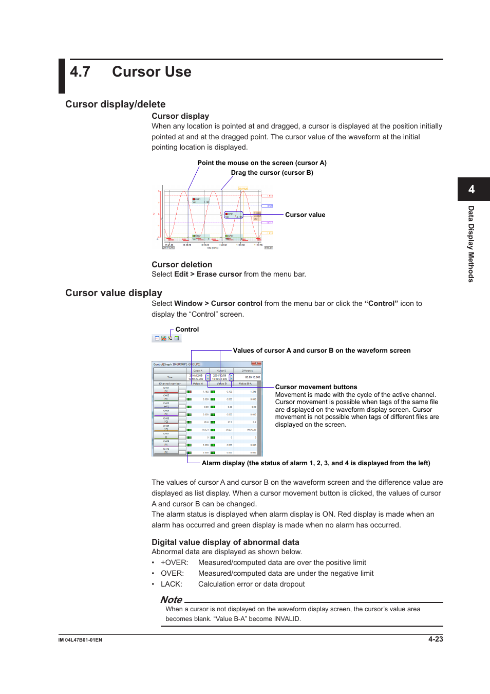 7 cursor use, Cursor display/delete, Cursor value display | 7 cursor use -23, Cursor display/delete -23 cursor value display -23, Index, Cursor dsplay/delete, Cursor value dsplay | Yokogawa Button Operated MV2000 User Manual | Page 75 / 101