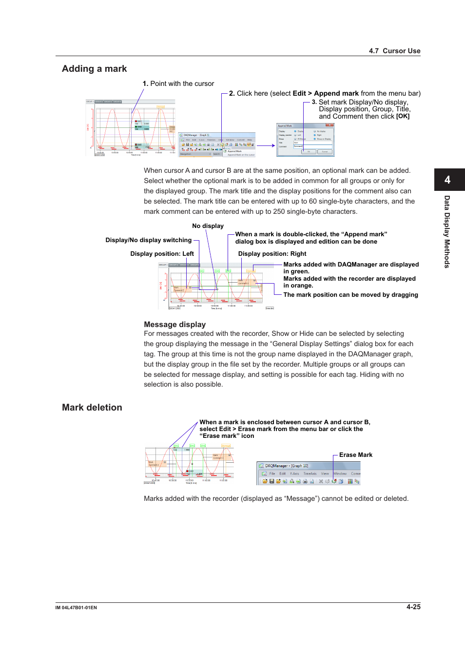 Adding a mark, Mark deletion, Adding a mark -25 mark deletion -25 | Index, Addng a mark, Mark deleton | Yokogawa Button Operated MV2000 User Manual | Page 77 / 101