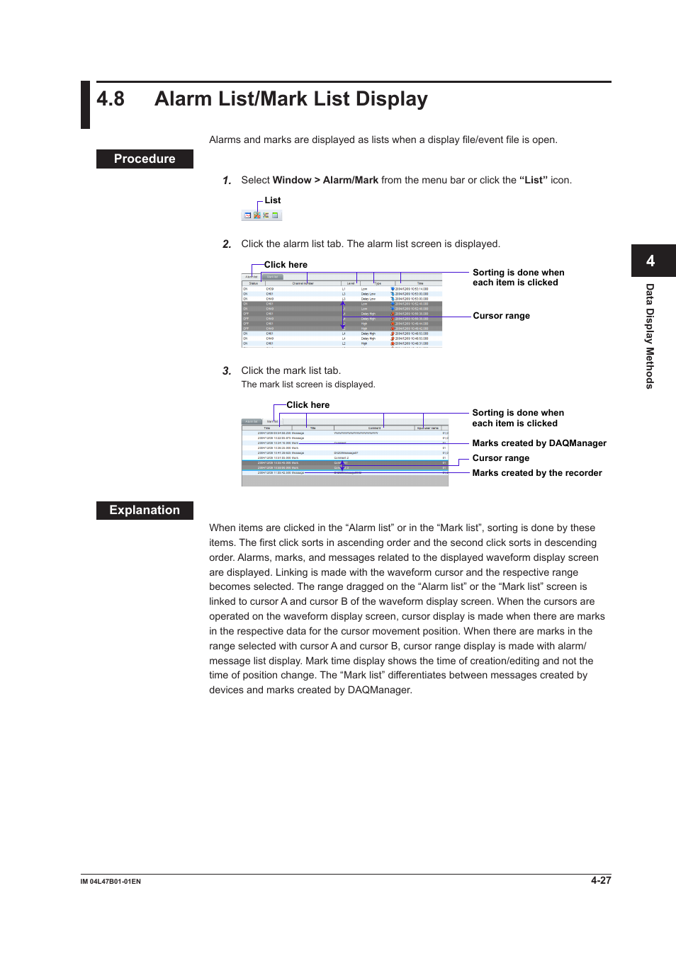 8 alarm list/mark list display, 8 alarm list/mark list display -27, 8 alarm lst/mark lst dsplay | Index | Yokogawa Button Operated MV2000 User Manual | Page 79 / 101