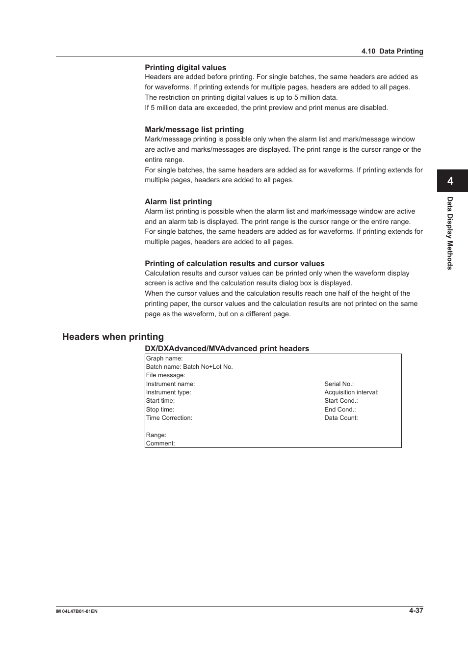 Headers when printing, Headers when printing -37, Index | Headers when prntng | Yokogawa Button Operated MV2000 User Manual | Page 89 / 101