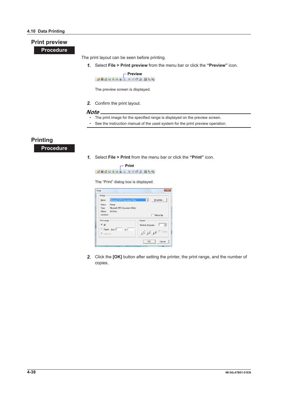 Print preview, Printing, Print preview -38 printing -38 | Prnt prevew, Prntng | Yokogawa Button Operated MV2000 User Manual | Page 90 / 101