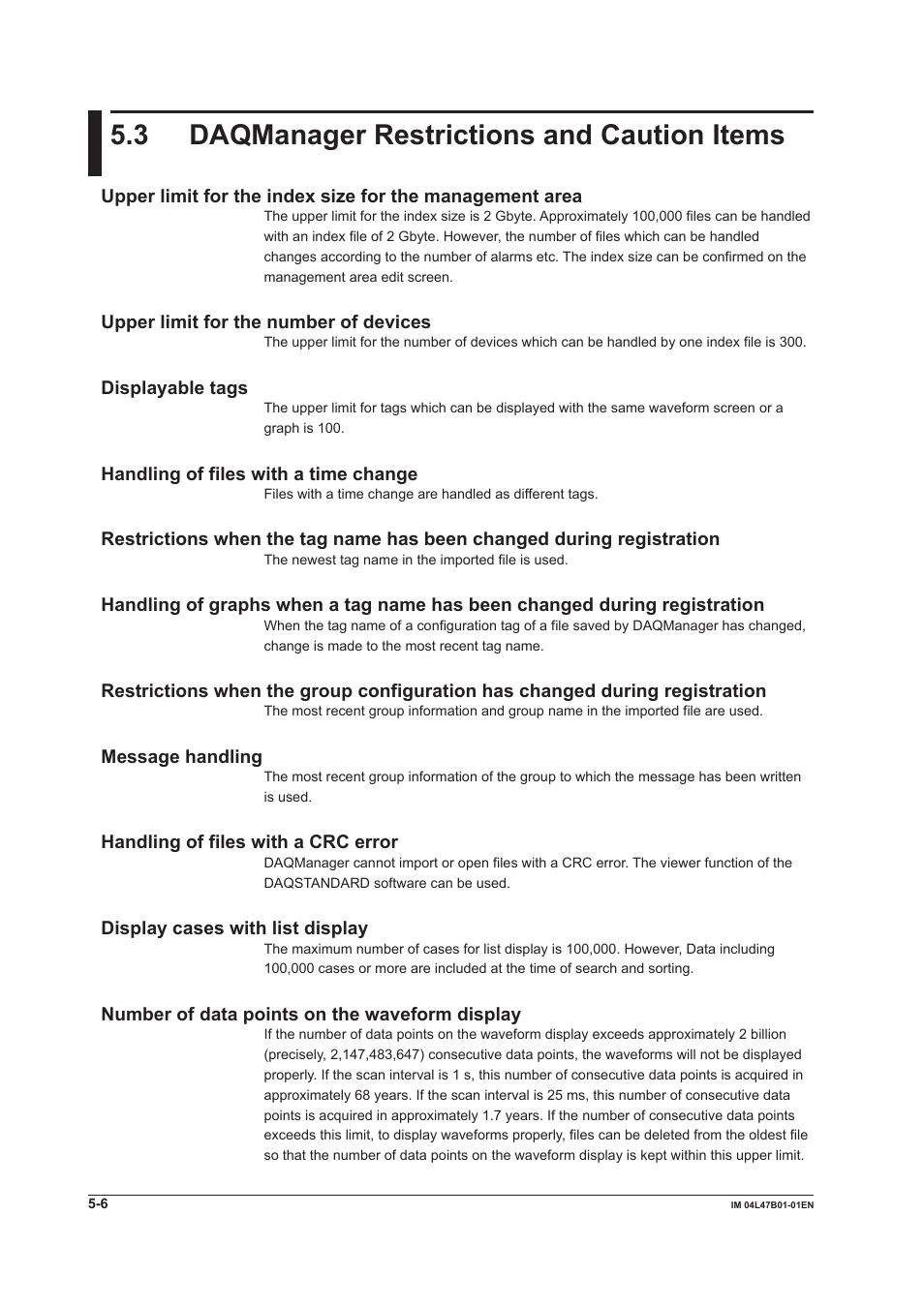 3 daqmanager restrictions and caution items, Upper limit for the number of devices, Displayable tags | Handling of files with a time change, Message handling, Handling of files with a crc error, Display cases with list display, Number of data points on the waveform display, 3 daqmanager restrictions and caution items -6, 3 daqmanager restrctons and cauton items | Yokogawa Button Operated MV2000 User Manual | Page 97 / 101