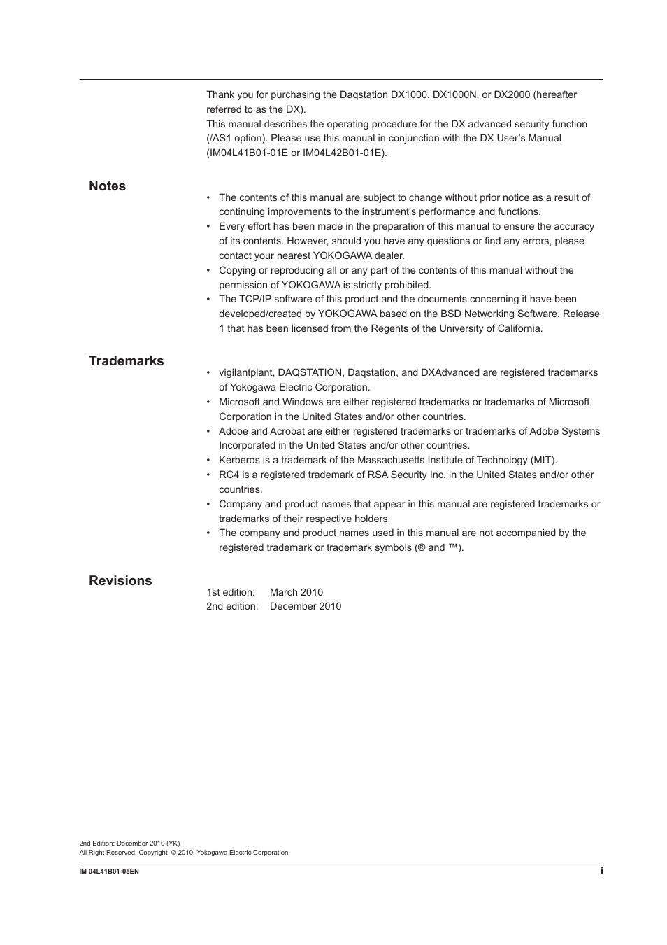 Trademarks, Revisions | Yokogawa Removable Chassis DX1000N User Manual | Page 2 / 72