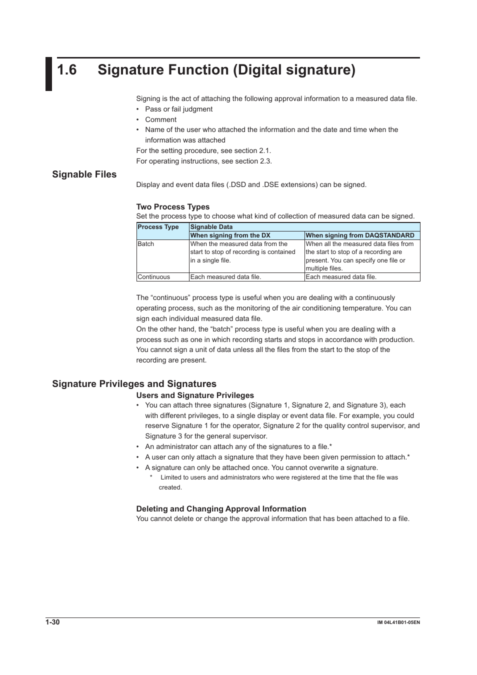 6 signature function (digital signature), Signable files, Signature privileges and signatures | 6 signature function (digital signature) -30 | Yokogawa Removable Chassis DX1000N User Manual | Page 36 / 72