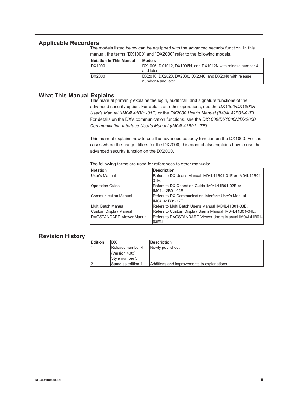 Applicable recorders, What this manual explains, Revision history | Yokogawa Removable Chassis DX1000N User Manual | Page 4 / 72