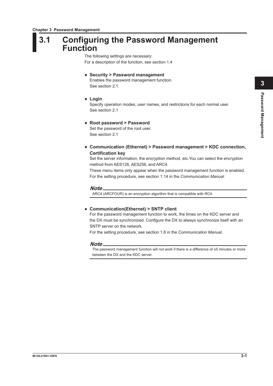 Chapter 3 password management, 1 configuring the password management function, 1 configuring the password management function -1 | Yokogawa Removable Chassis DX1000N User Manual | Page 64 / 72