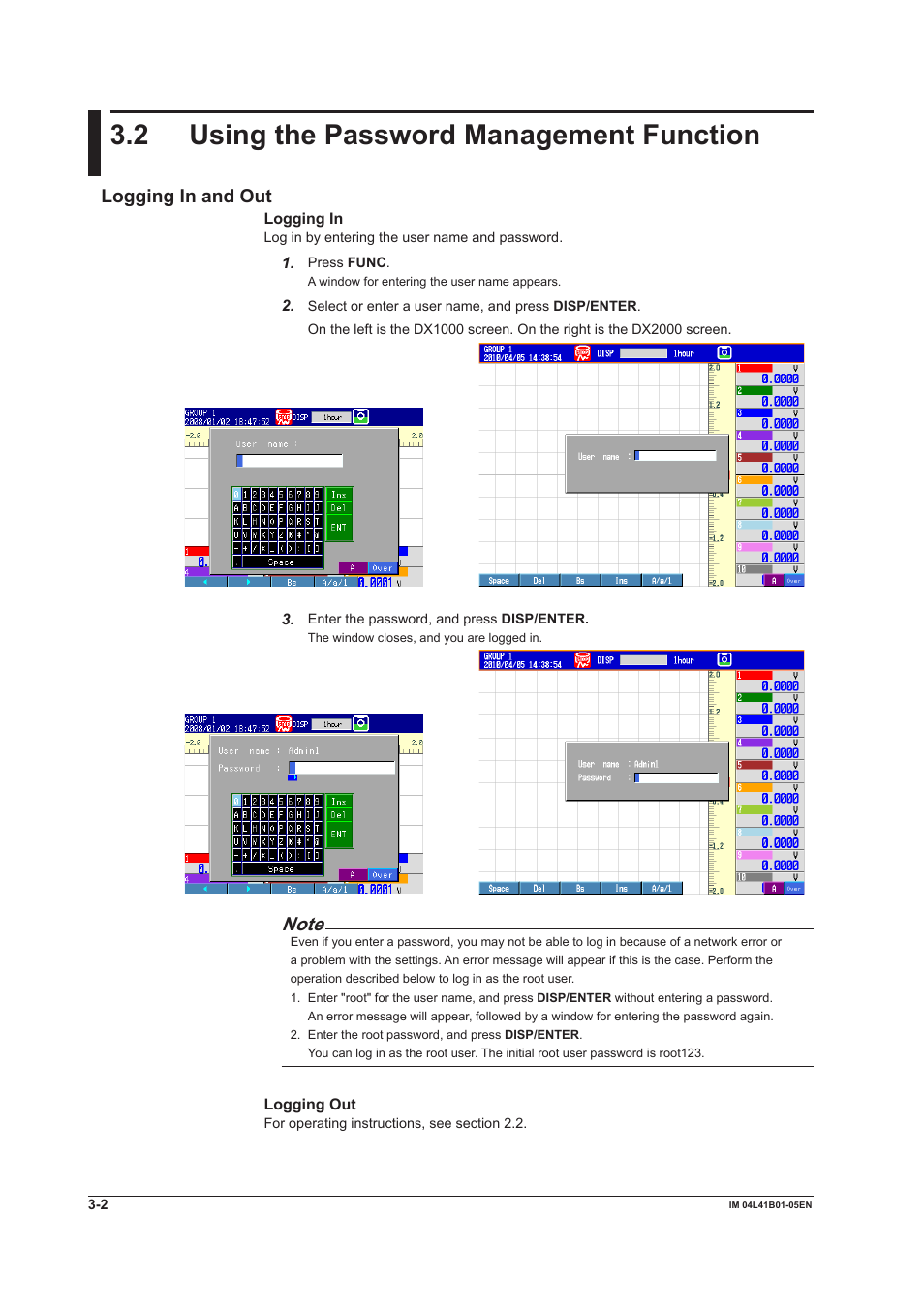 2 using the password management function, Logging in and out, 2 using the password management function -2 | Logging in and out -2 | Yokogawa Removable Chassis DX1000N User Manual | Page 65 / 72