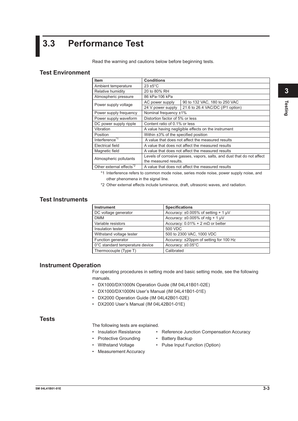 3 performance test, Test environment, Test instruments | Instrument operation, Tests, 3 performance test -3 | Yokogawa Removable Chassis DX1000N User Manual | Page 17 / 65