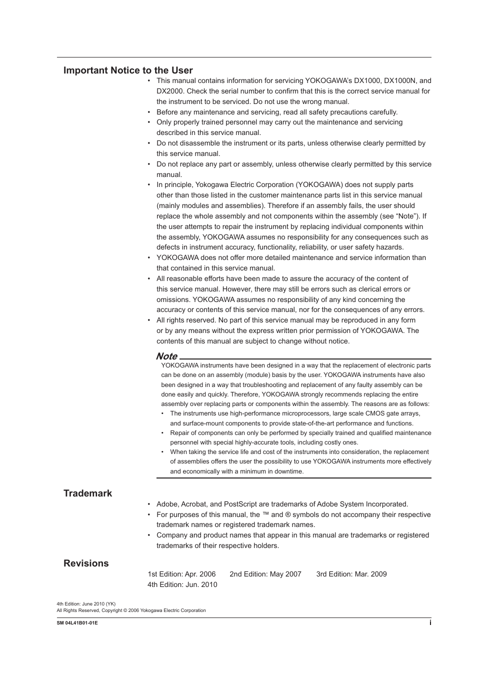 Important notice to the user, Trademark, Revisions | Yokogawa Removable Chassis DX1000N User Manual | Page 2 / 65