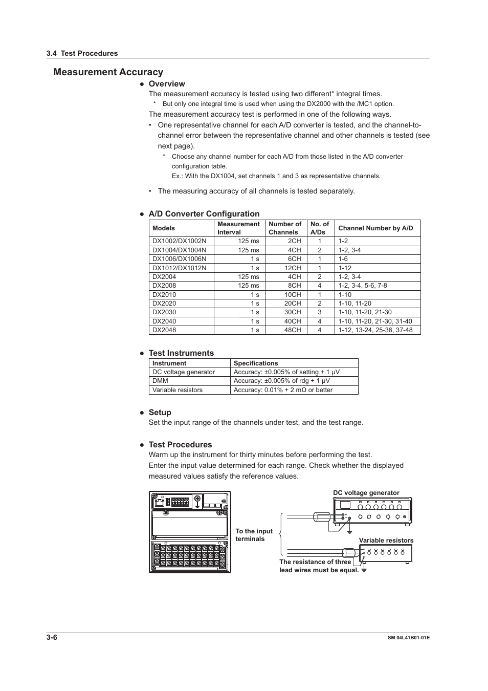 Measurement accuracy, Measurement accuracy -6, Overview | A/d converter configuration, Test instruments, Setup, Test procedures | Yokogawa Removable Chassis DX1000N User Manual | Page 20 / 65