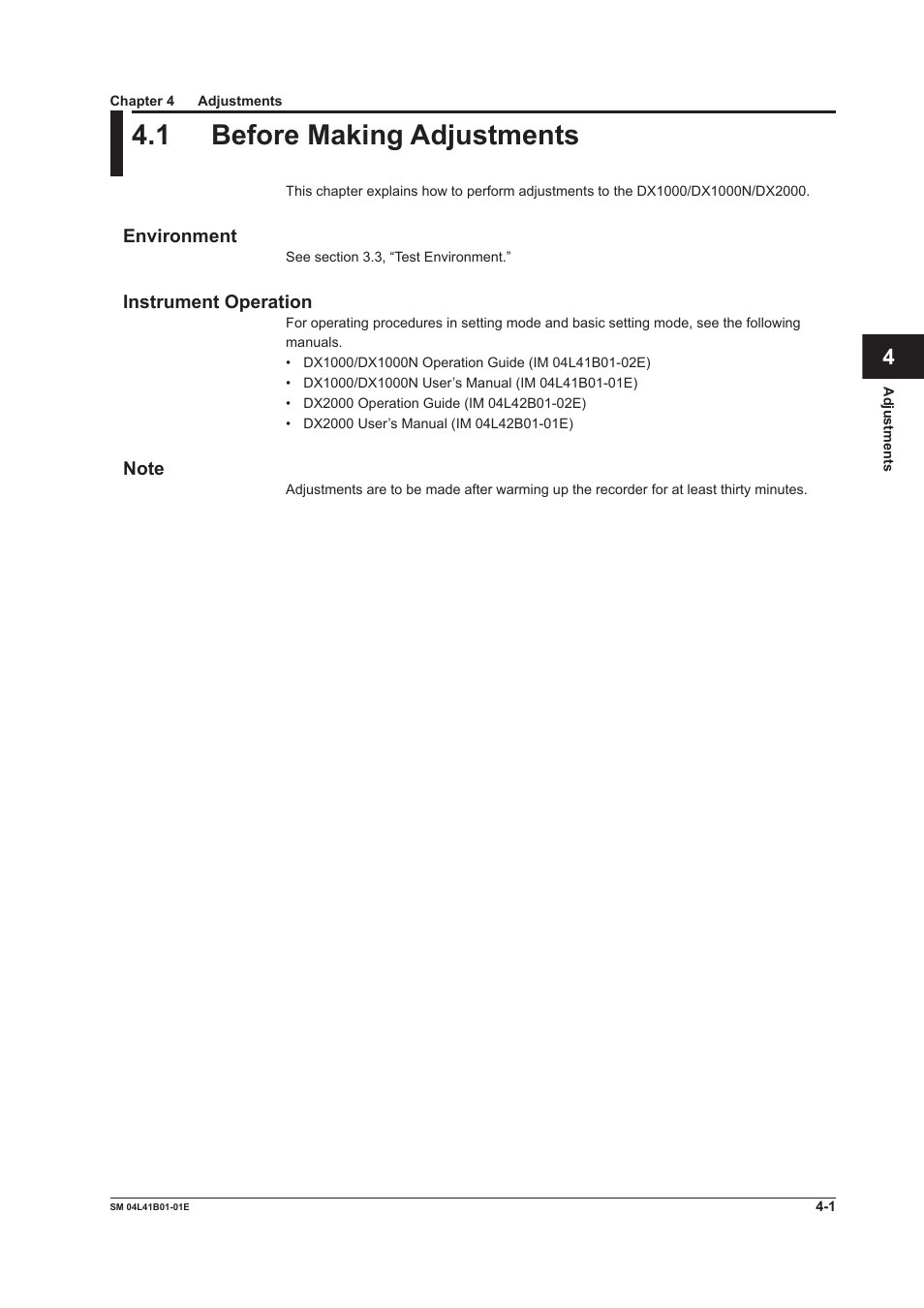 Chapter 4 adjustments, 1 before making adjustments, Environment | Instrument operation, Note, 1 before making adjustments -1, Environment -1 instrument operation -1 note -1 | Yokogawa Removable Chassis DX1000N User Manual | Page 24 / 65