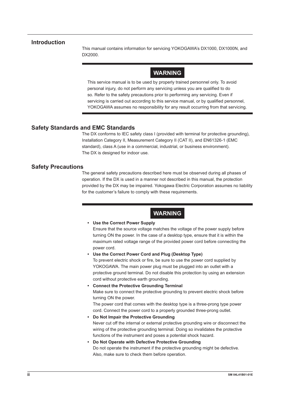 Introduction, Safety standards and emc standards, Safety precautions | Warning | Yokogawa Removable Chassis DX1000N User Manual | Page 3 / 65