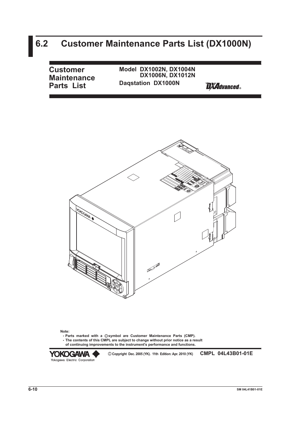 2 customer maintenance parts list (dx1000n), 2 customer maintenance parts list (dx1000n) -10, Customer maintenance parts list | Yokogawa Removable Chassis DX1000N User Manual | Page 39 / 65