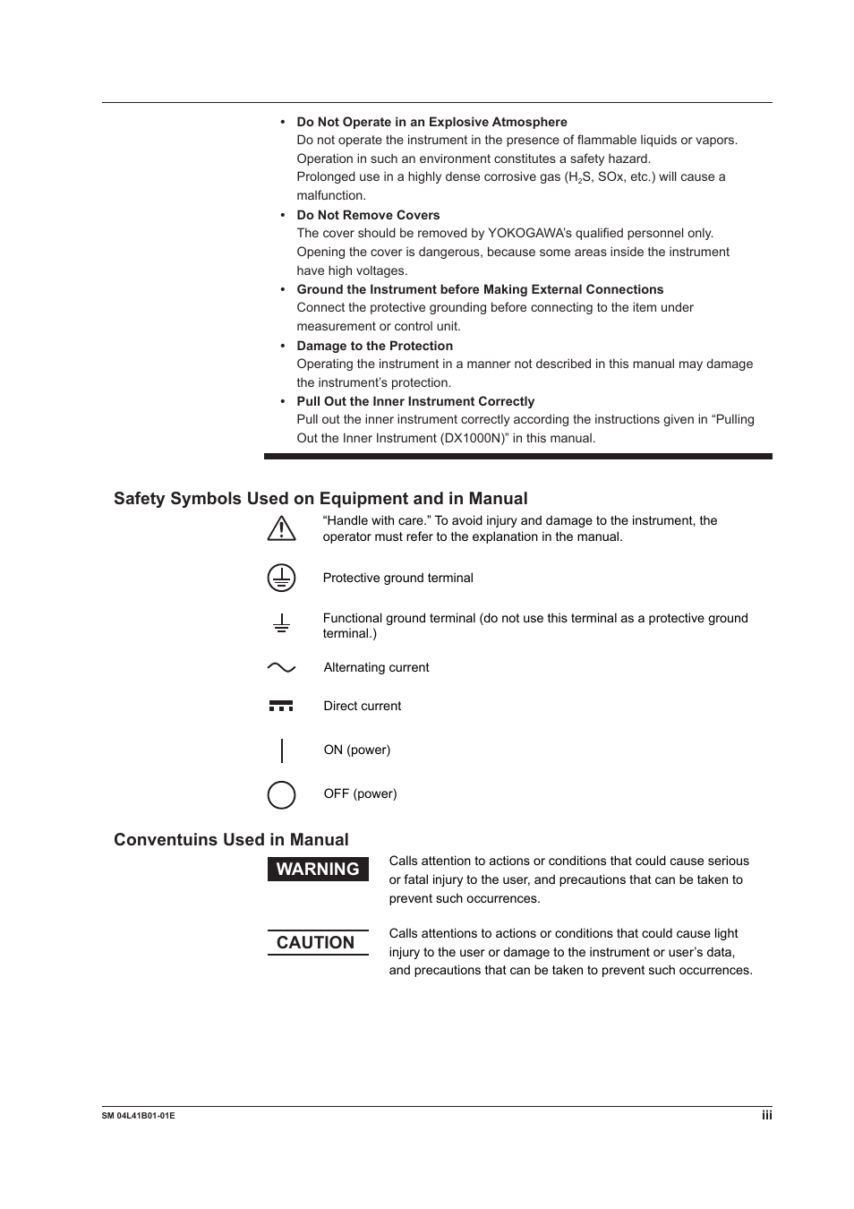 Safety symbols used on equipment and in manual, Conventuins used in manual, Warning | Caution | Yokogawa Removable Chassis DX1000N User Manual | Page 4 / 65