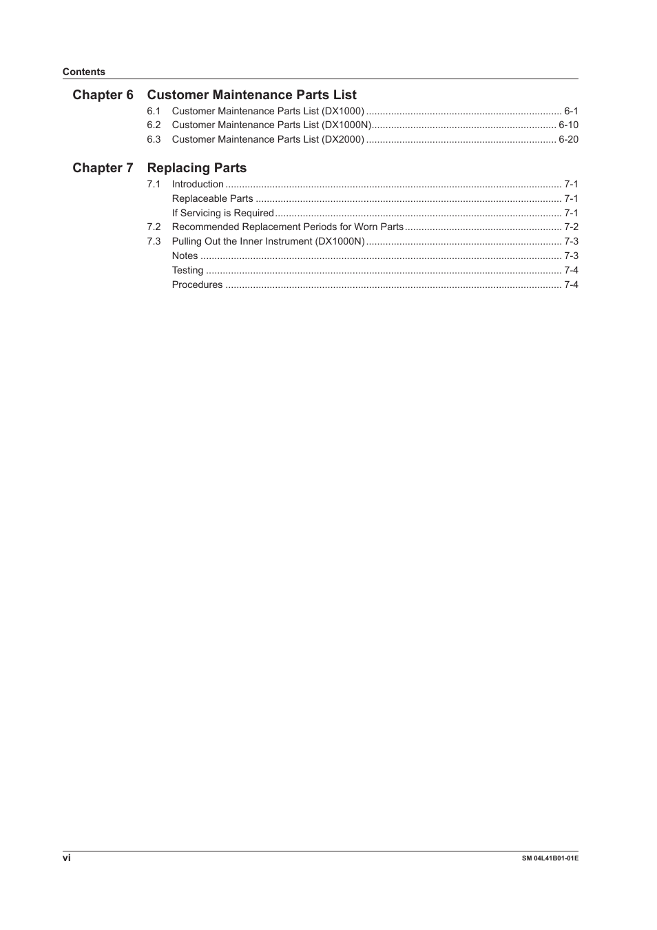 Chapter 6 customer maintenance parts list, Chapter 7 replacing parts | Yokogawa Removable Chassis DX1000N User Manual | Page 7 / 65