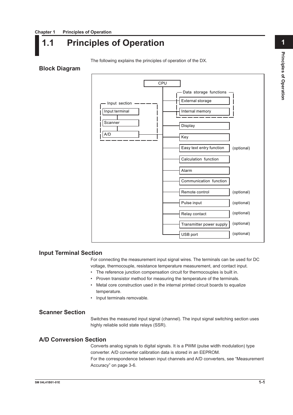 Chapter 1 principles of operation, 1 principles of operation, 1 principles of operation -1 | Block diagram | Yokogawa Removable Chassis DX1000N User Manual | Page 8 / 65