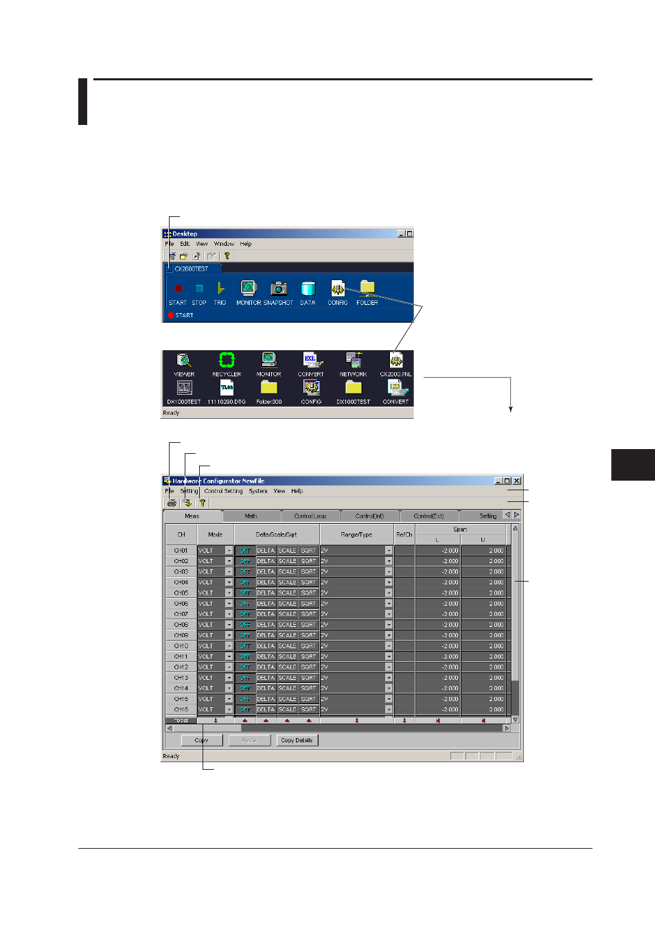 Chapter 8 configuring the cx1000/cx2000, Starting the hardware configurator, Chapter 8 confgurng the cx1000/cx2000 | Starting the hardware configurator -1 | Yokogawa DAQWORX User Manual | Page 258 / 336