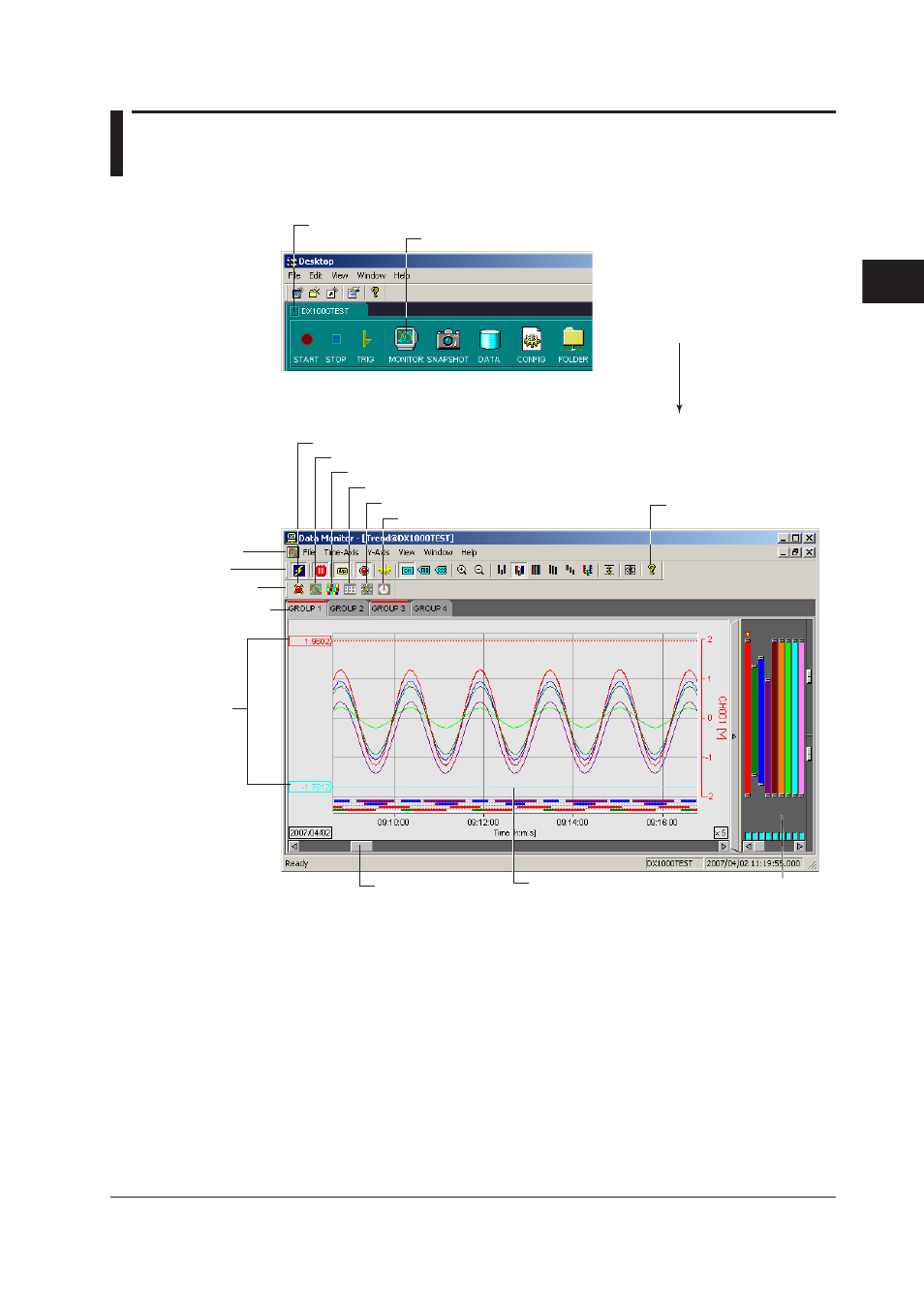 Chapter 3 using the data monitor, 1 starting the data monitor, Chapter 3 usng the data montor | 1 starting the data monitor -1, 1 startng the data montor | Yokogawa DAQWORX User Manual | Page 36 / 336