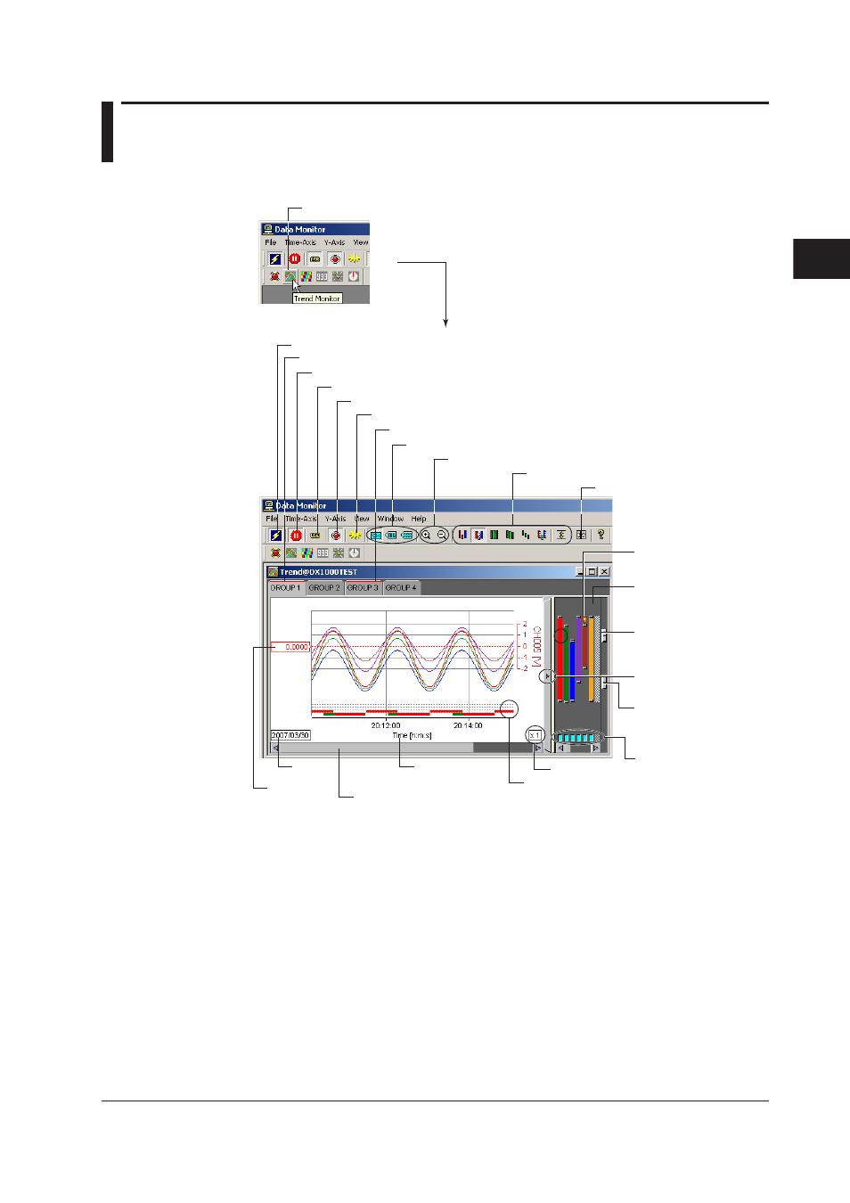 2 displaying the trend, 2 displaying the trend -3, 2 dsplayng the trend | Index, Dsplayng the trend | Yokogawa DAQWORX User Manual | Page 38 / 336