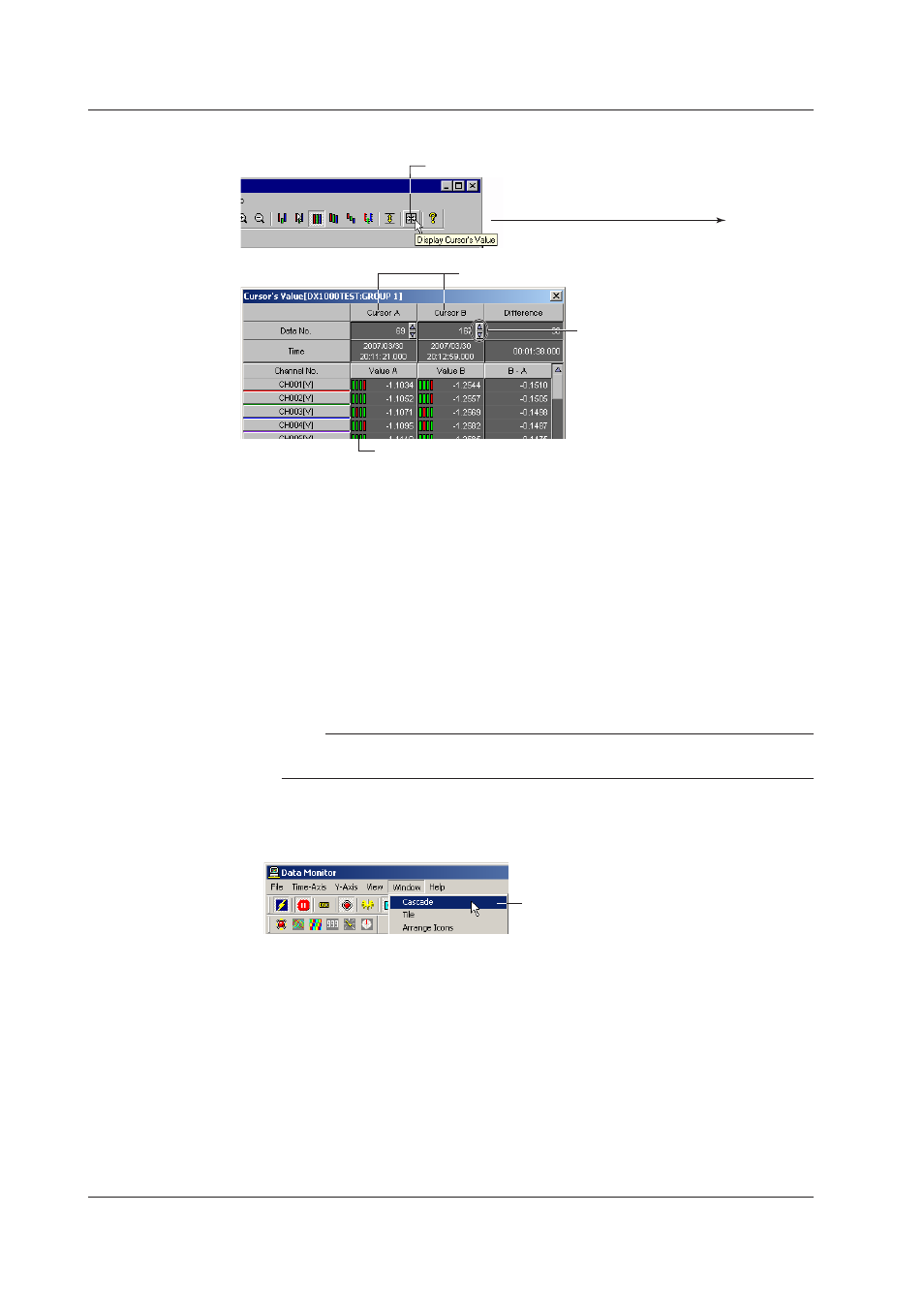 Dsplayng cursor’s values, Settng the wndow | Yokogawa DAQWORX User Manual | Page 47 / 336