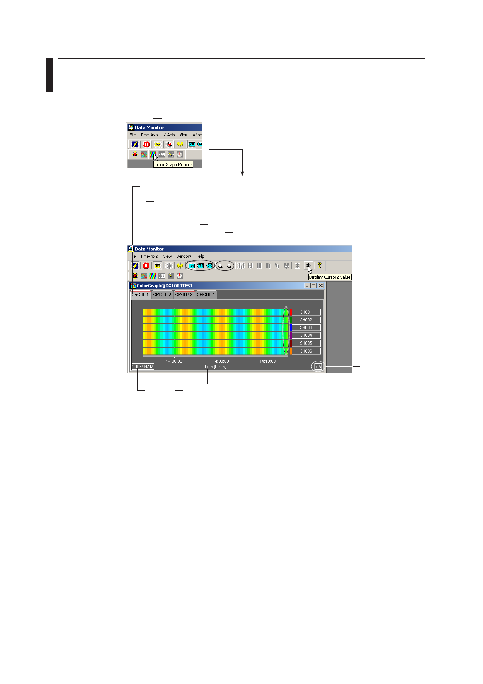 3 displaying the color graph, 3 displaying the color graph -14, 3 dsplayng the color graph | Dsplayng the color graph, General dsplay settngs | Yokogawa DAQWORX User Manual | Page 49 / 336