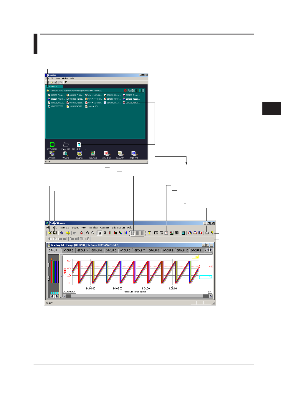 Chapter 4 displaying data with the data viewer, 1 starting and exiting the data viewer, Starting the data viewer | Chapter 4 dsplayng data wth the data vewer, 1 starting and exiting the data viewer -1, Starting the data viewer -1, 1 startng and extng the data vewer, Index, Startng the data vewer | Yokogawa DAQWORX User Manual | Page 63 / 336